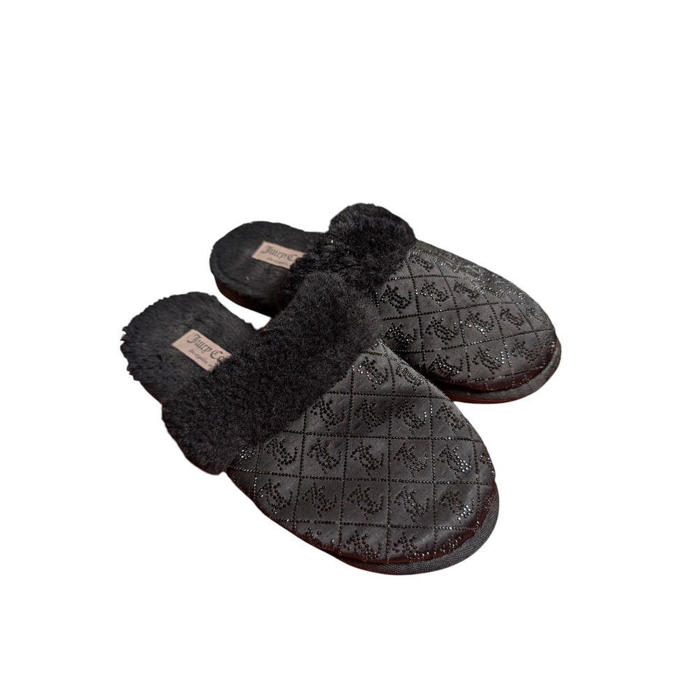Juicy Couture Black Rhinestone Monogram Quilted Faux Fur Slippers Womens Size 9